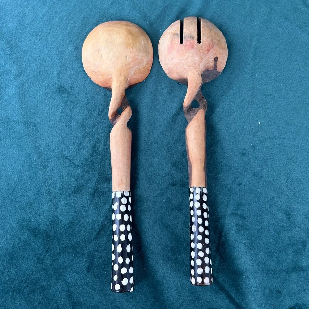 Vintage African Tribal Handmade Polka Dot Wooden Salad Server